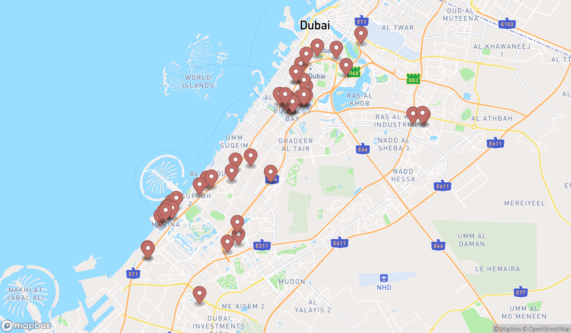 Map showing the search results in Dubai