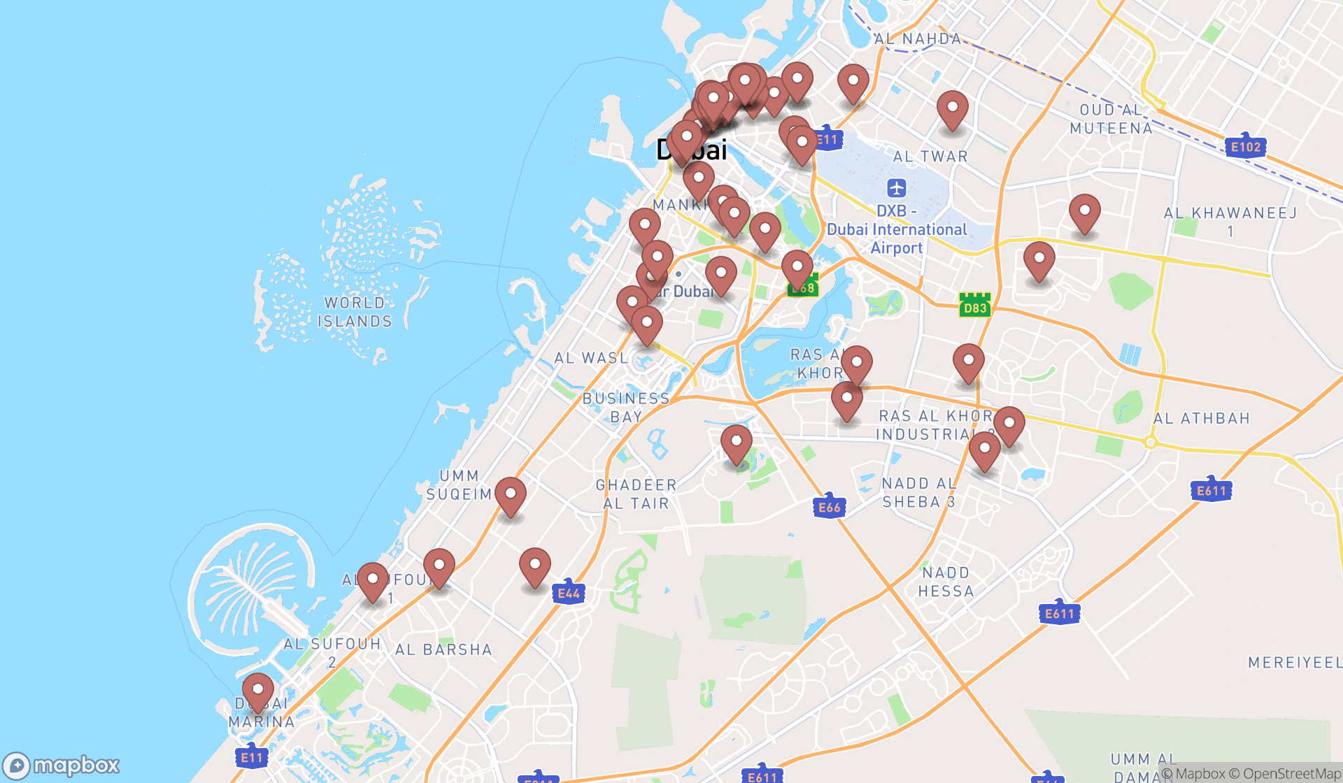 Map showing the search results in Dubai