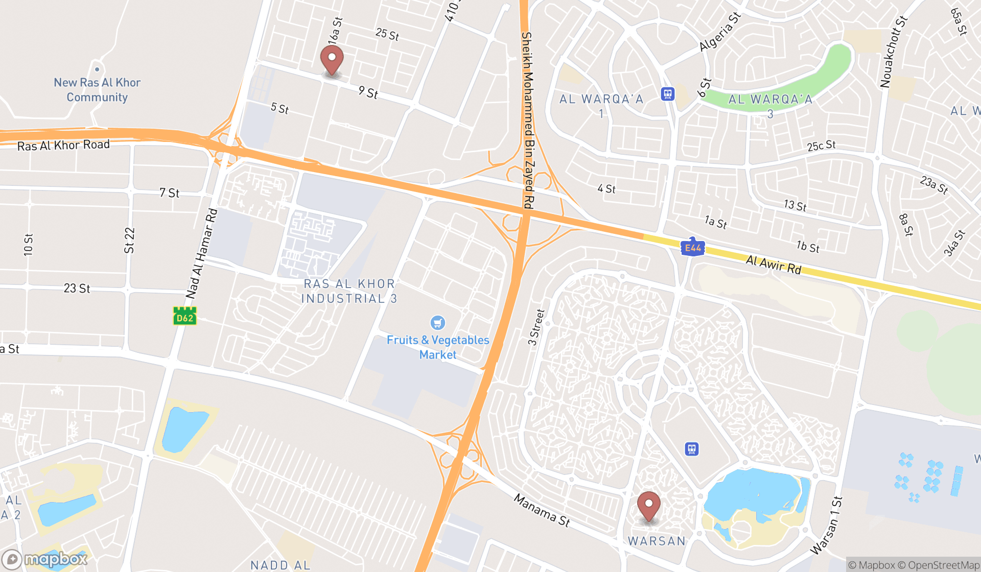 Map showing the search results in Dubai