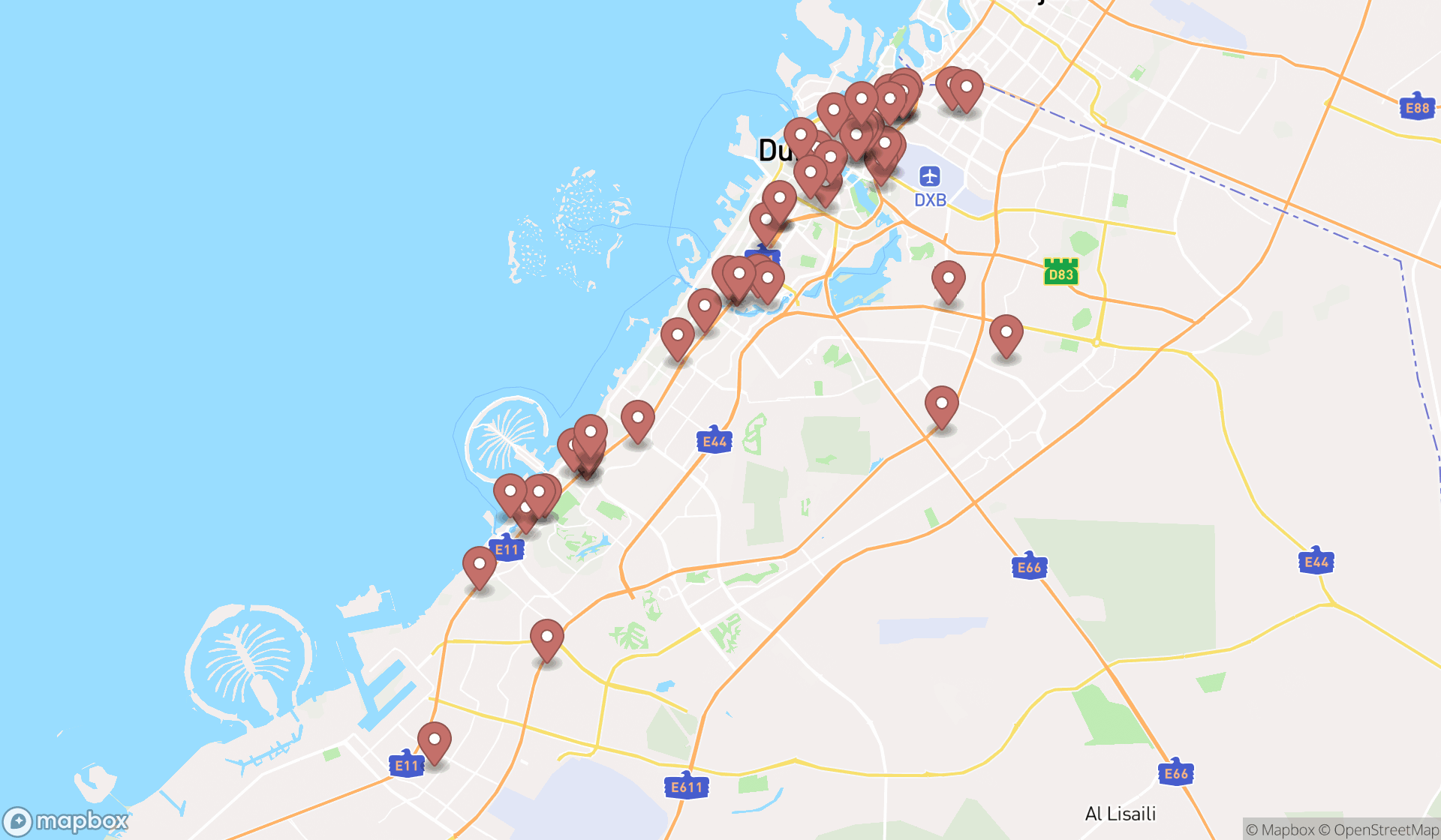 Map showing the search results in Dubai