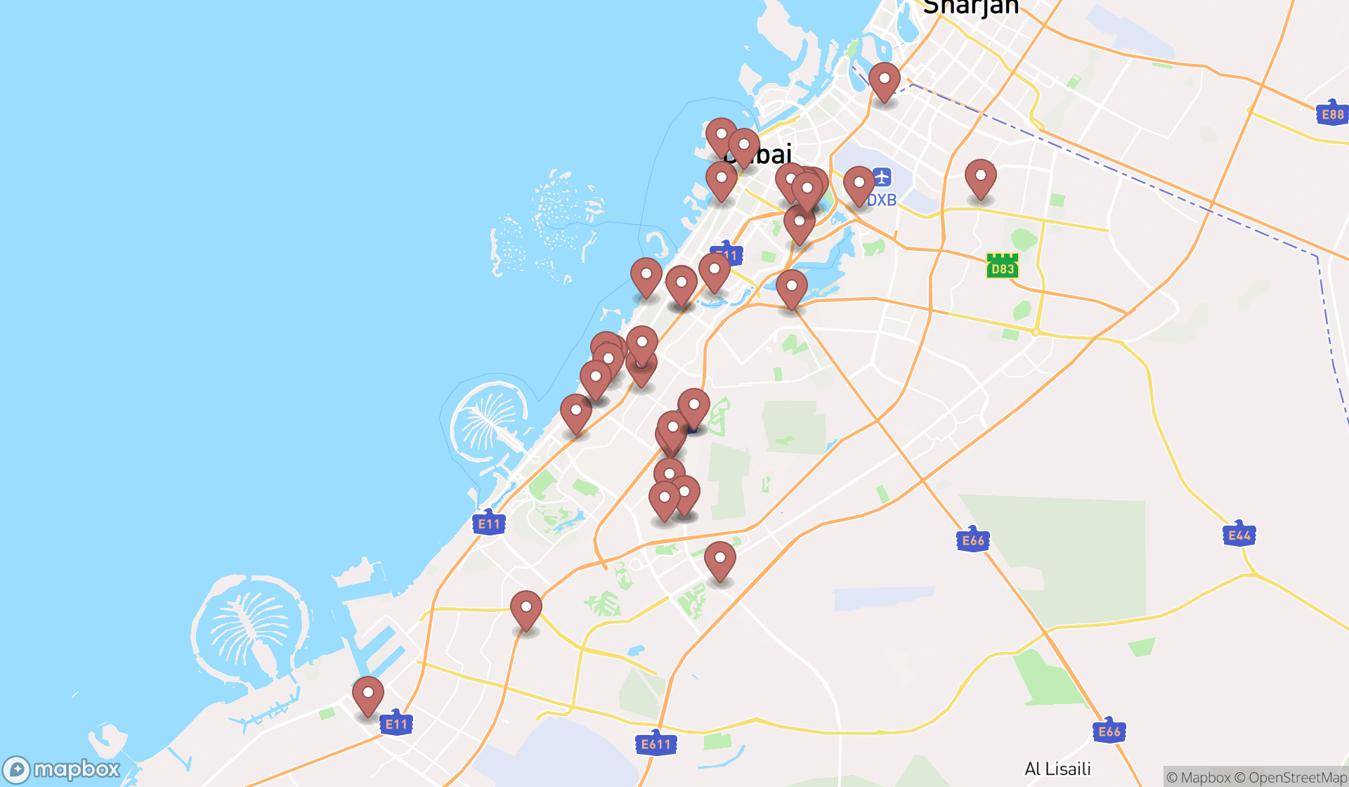 Map showing the search results in Dubai