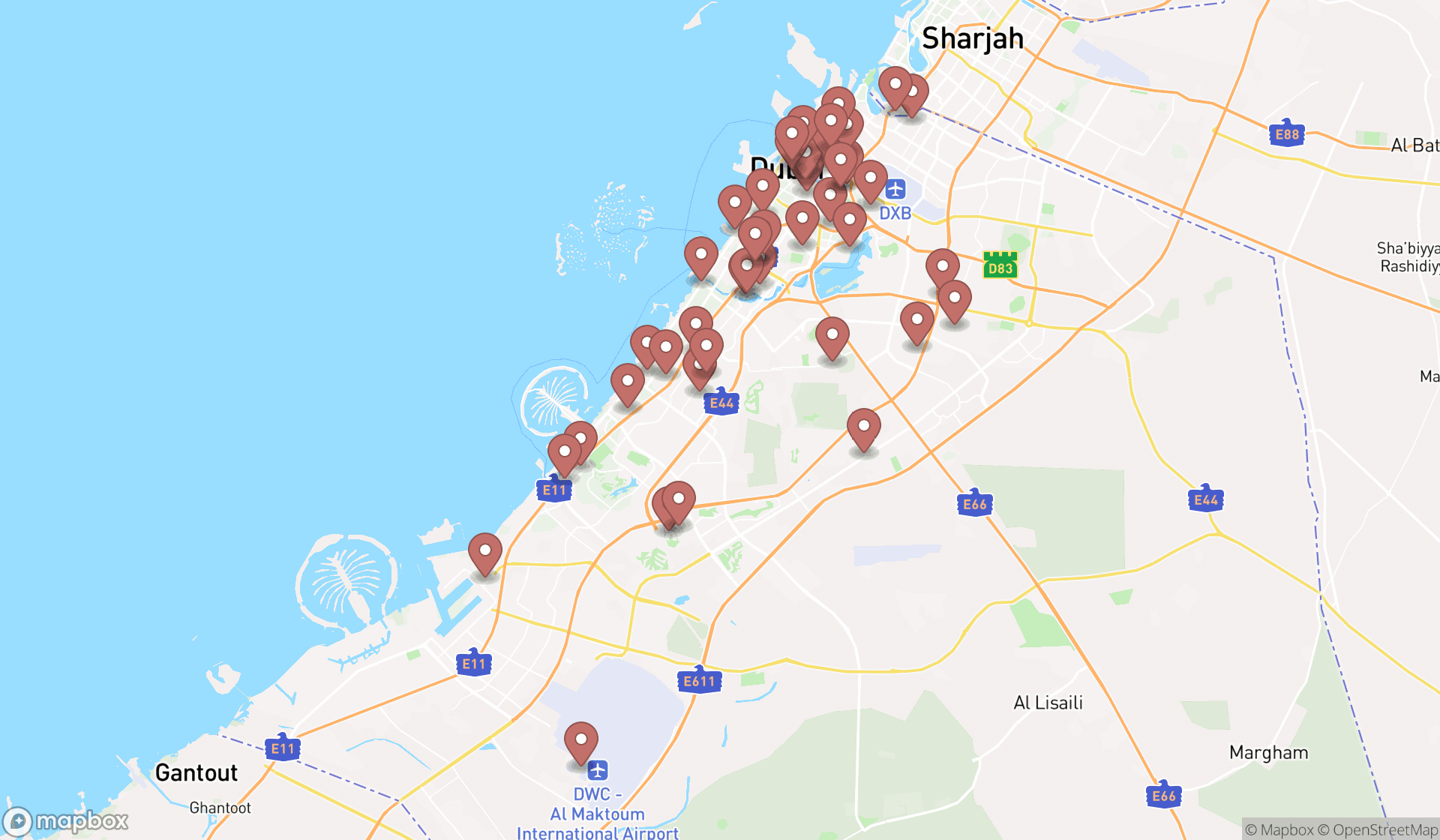 Map showing the search results in Dubai