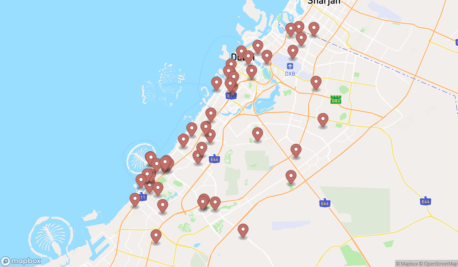 Map showing the search results in Dubai