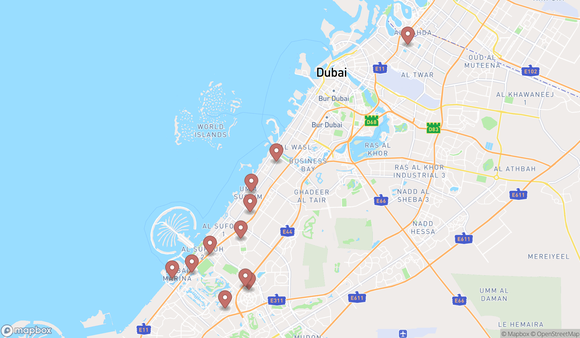 Map showing the search results in Dubai