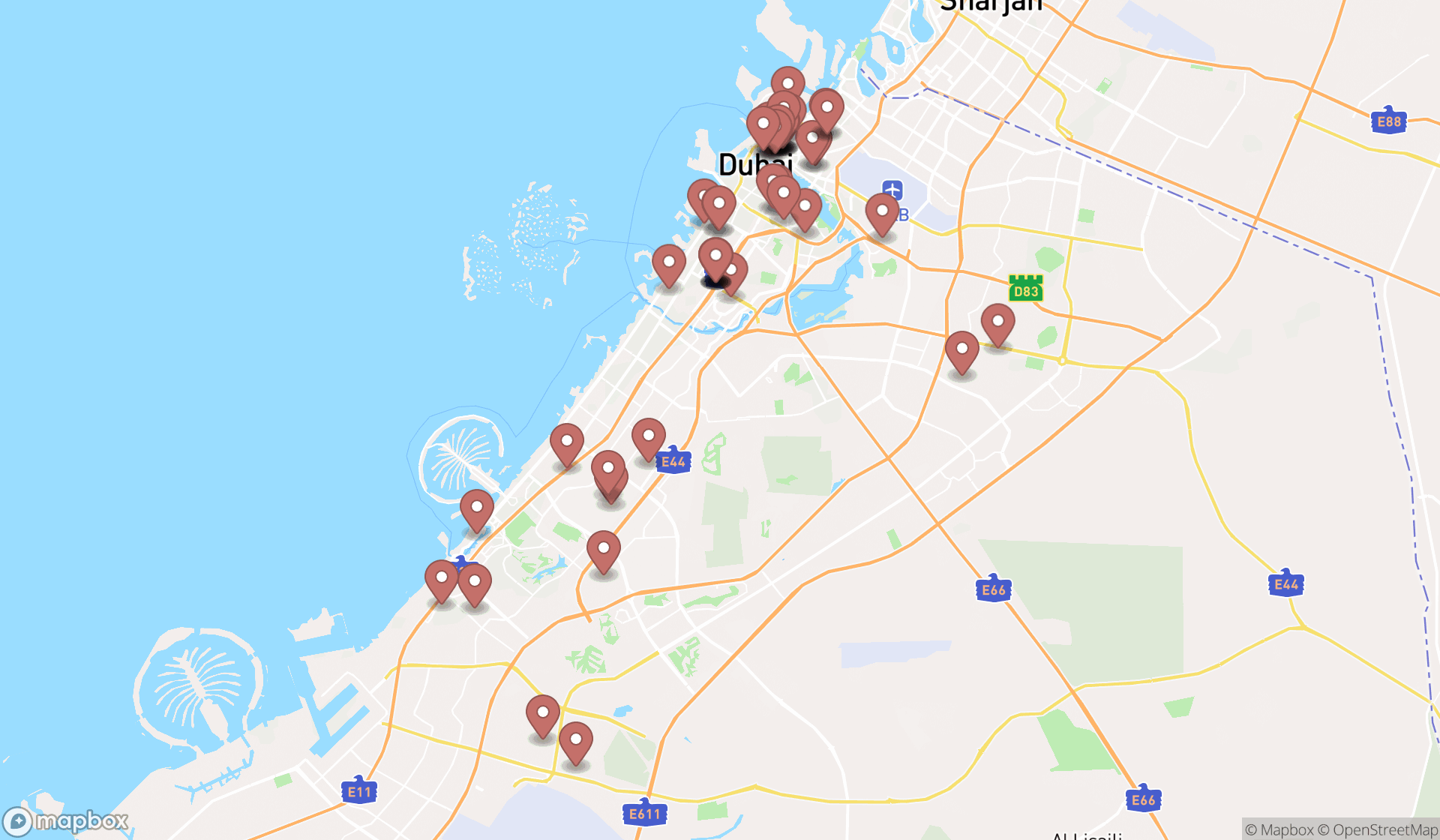 Map showing the search results in Dubai