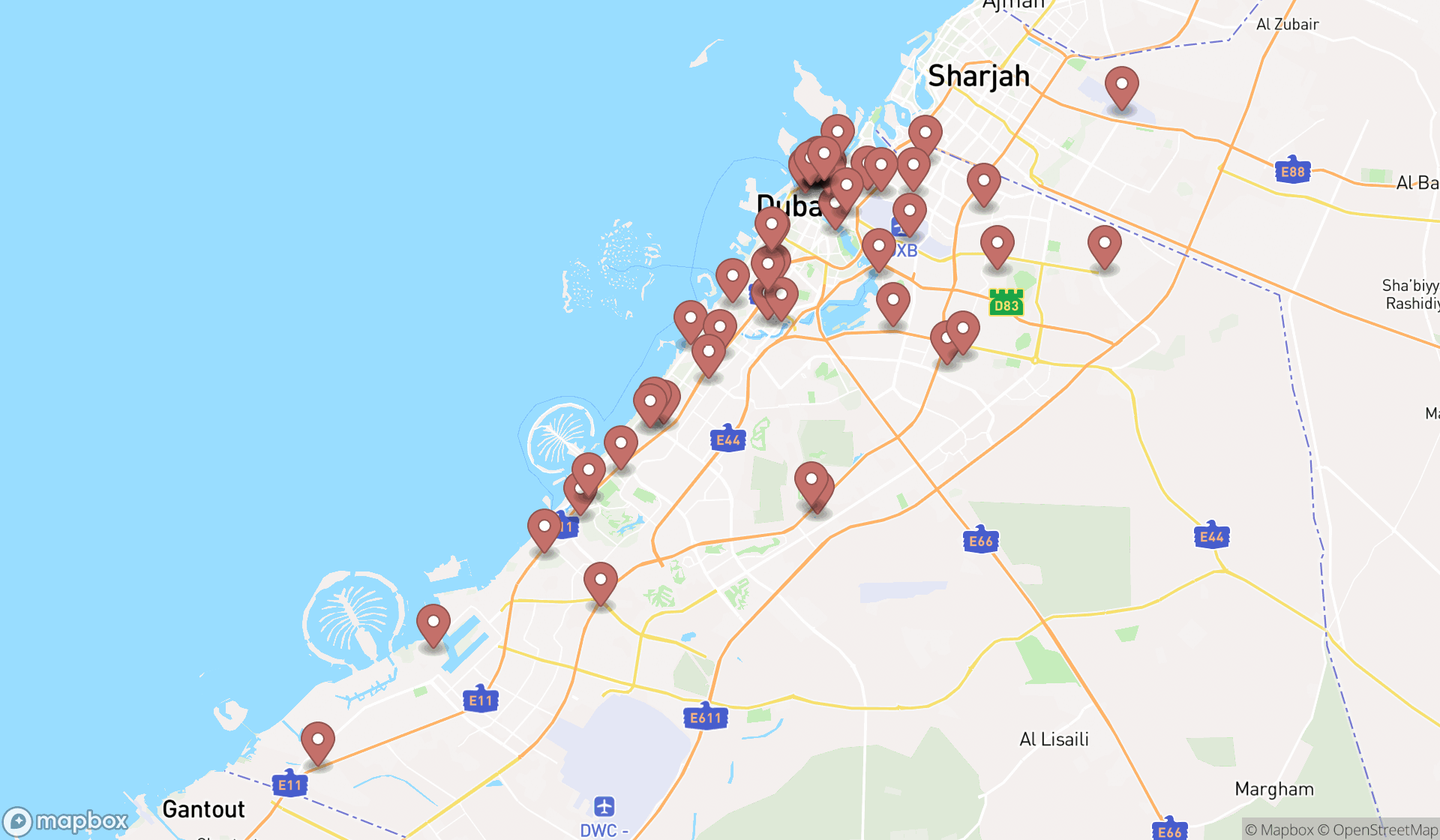 Map showing the search results in Dubai