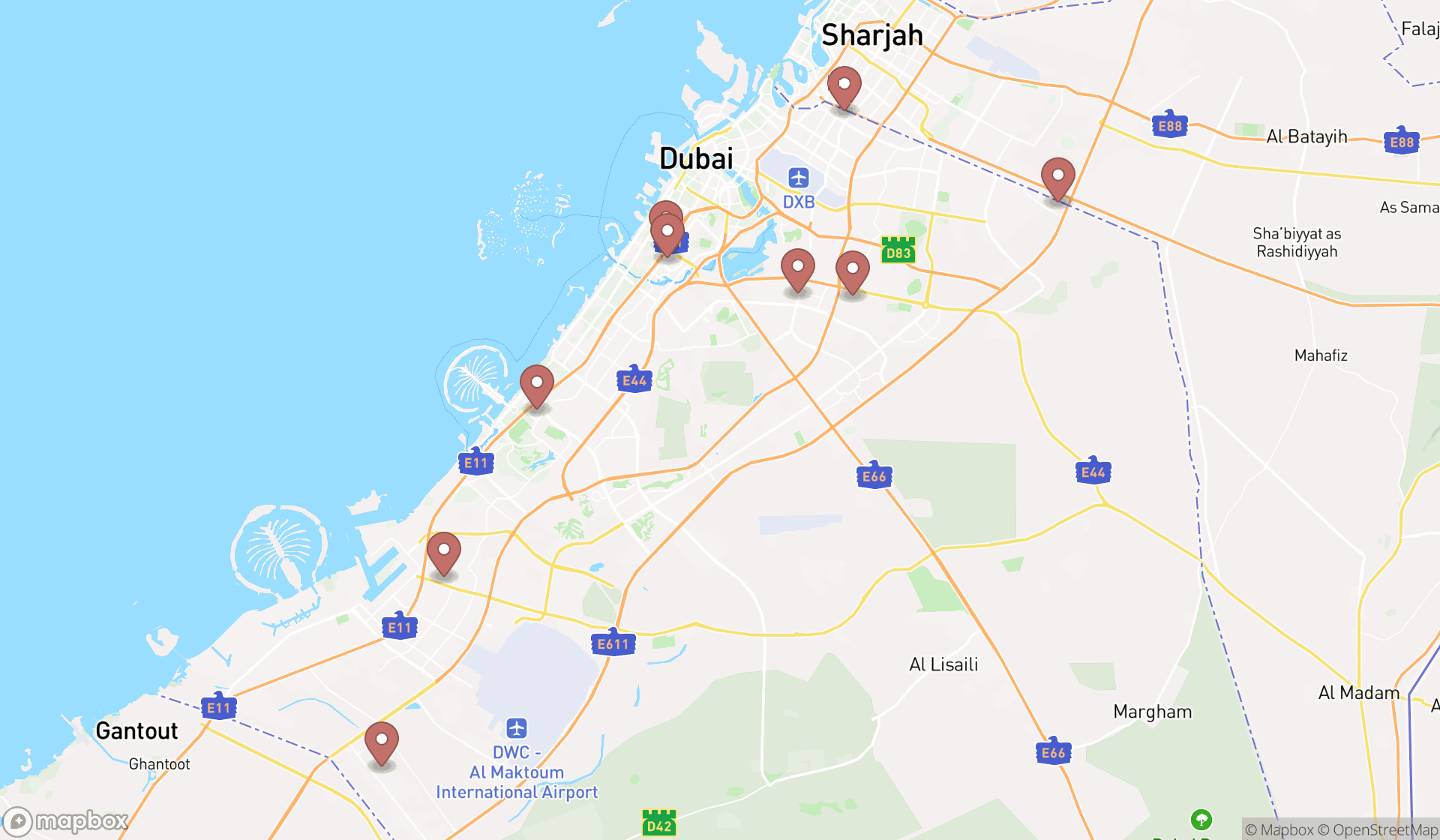 Map showing the search results in Dubai