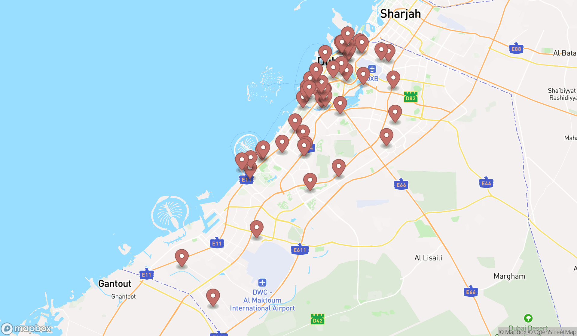 Map showing the search results in Dubai