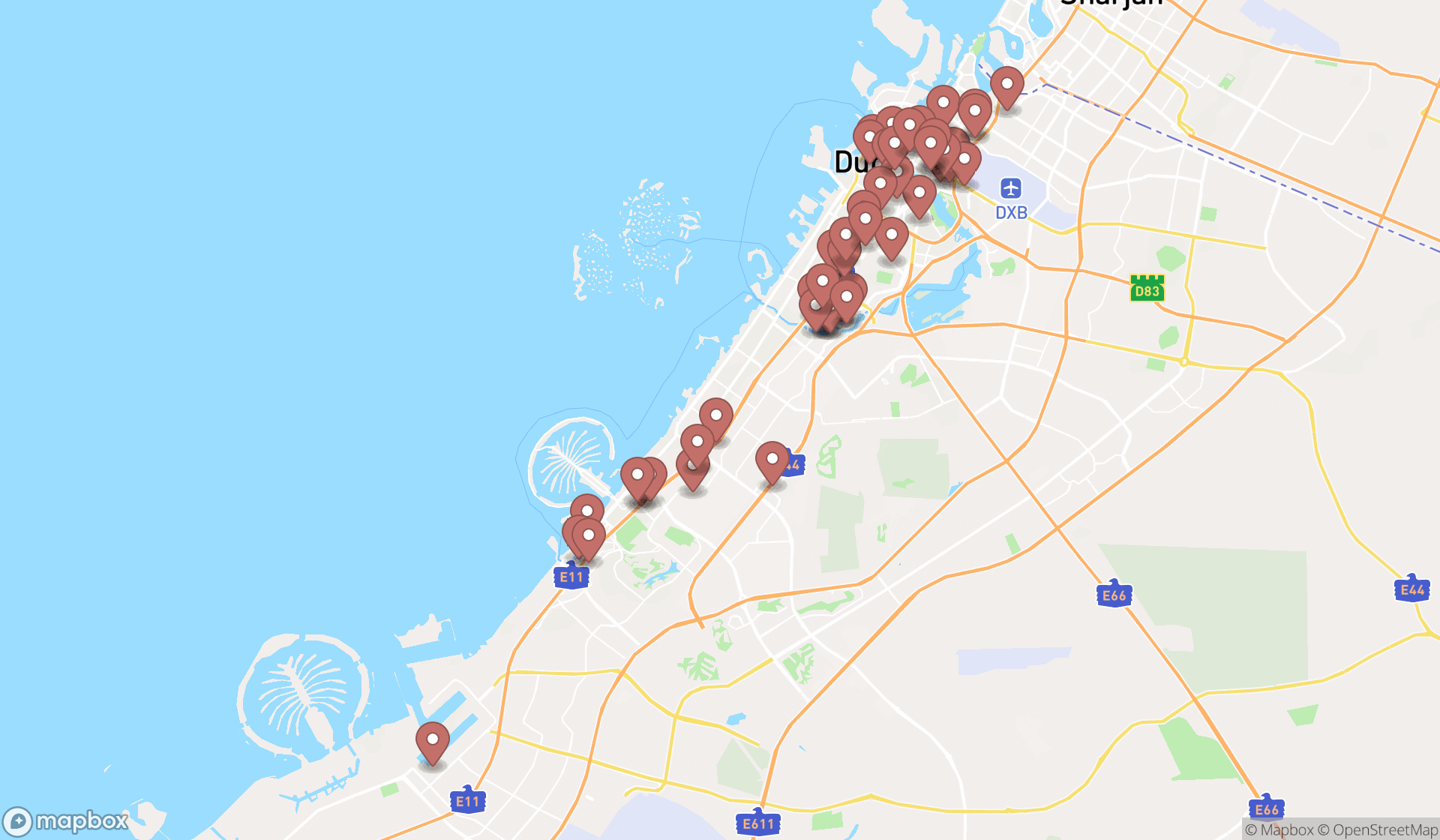 Map showing the search results in Dubai