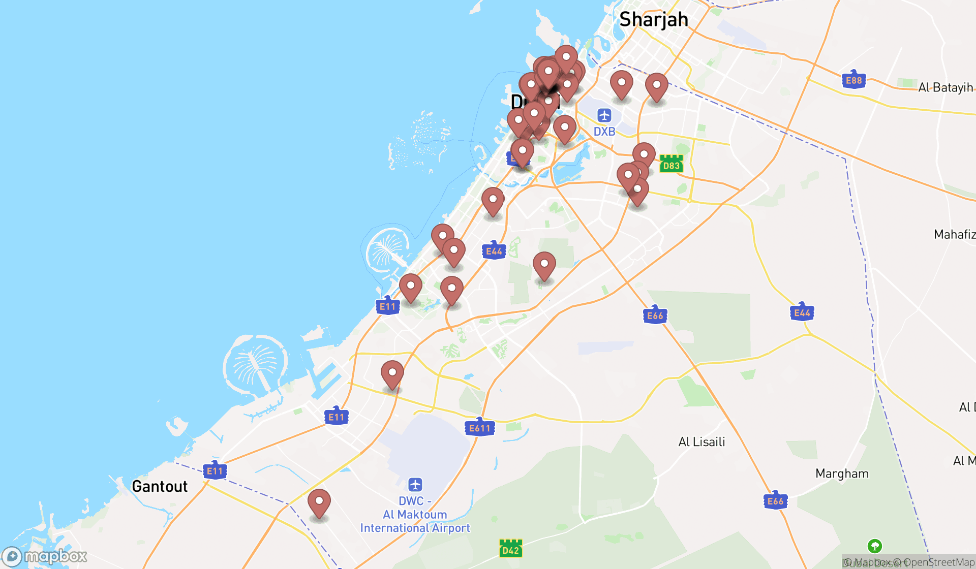 Map showing the search results in Dubai