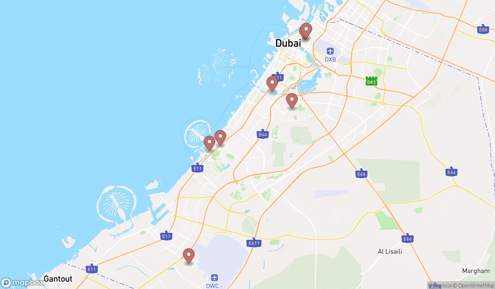 Map showing the search results in Dubai