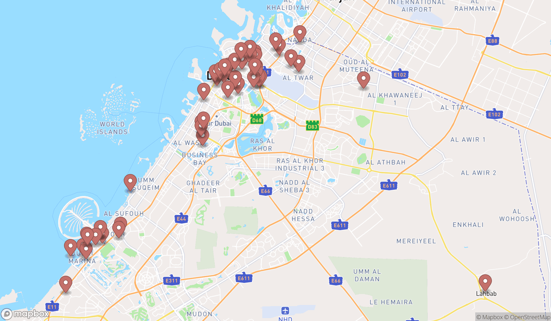 Map showing the search results in Dubai
