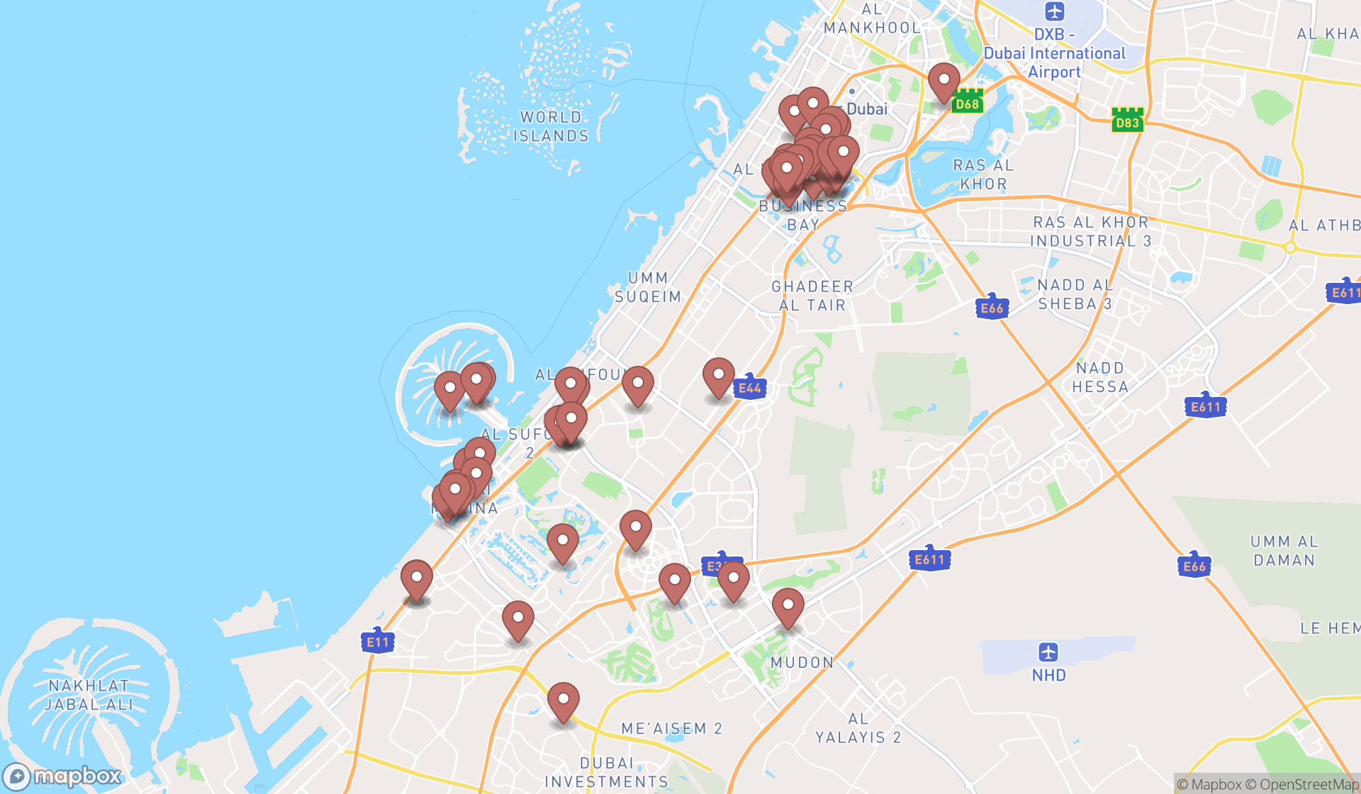 Map showing the search results in Dubai