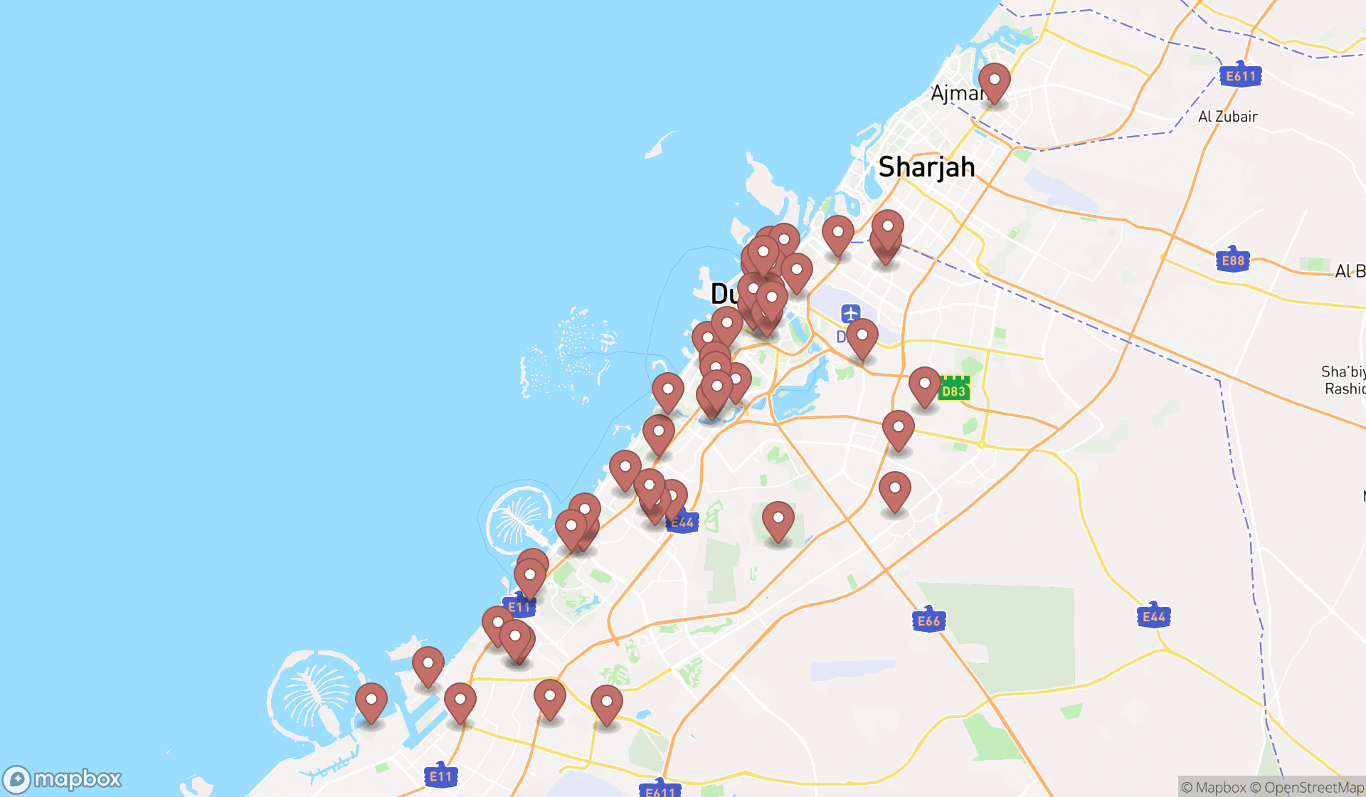 Map showing the search results in Dubai