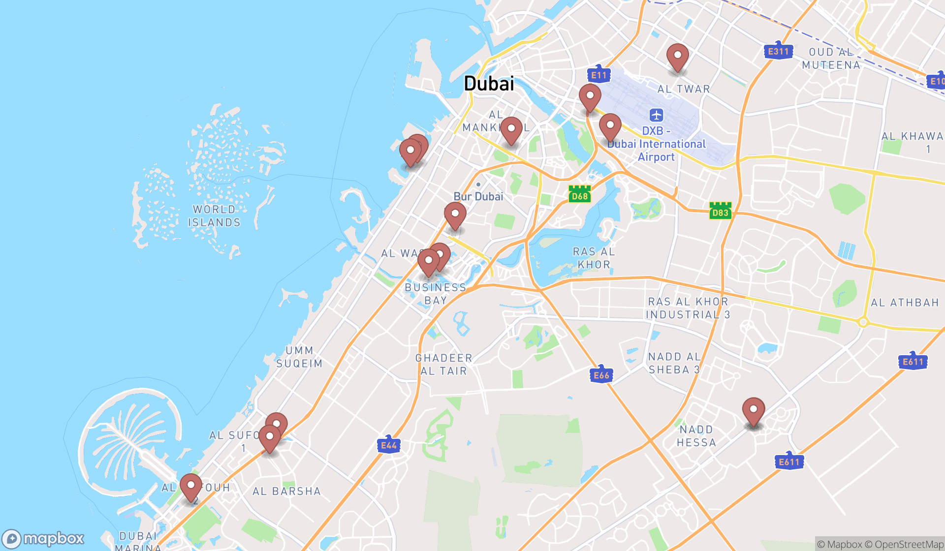Map showing the search results in Dubai
