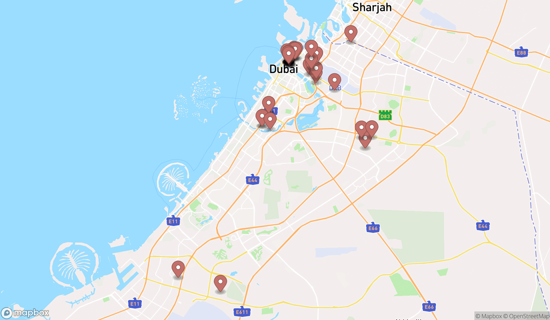 Map showing the search results in Dubai