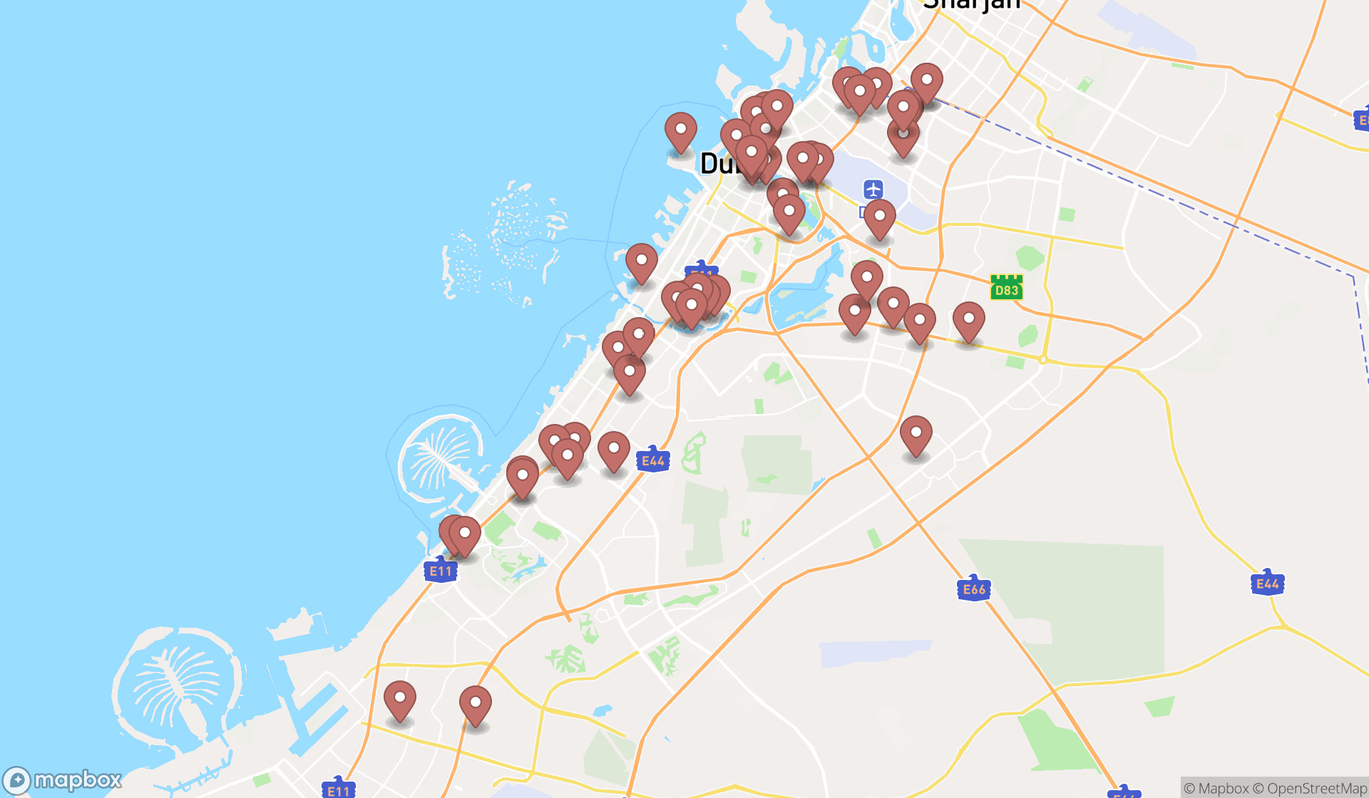 Map showing the search results in Dubai
