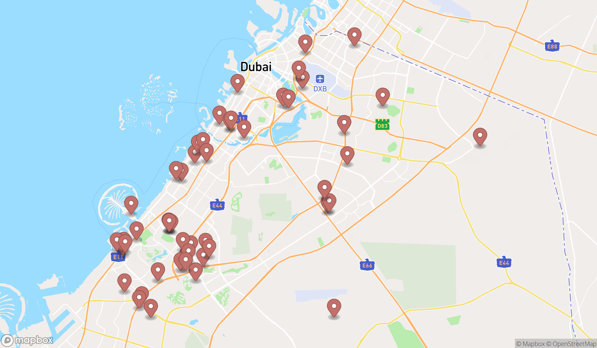 Map showing the search results in Dubai