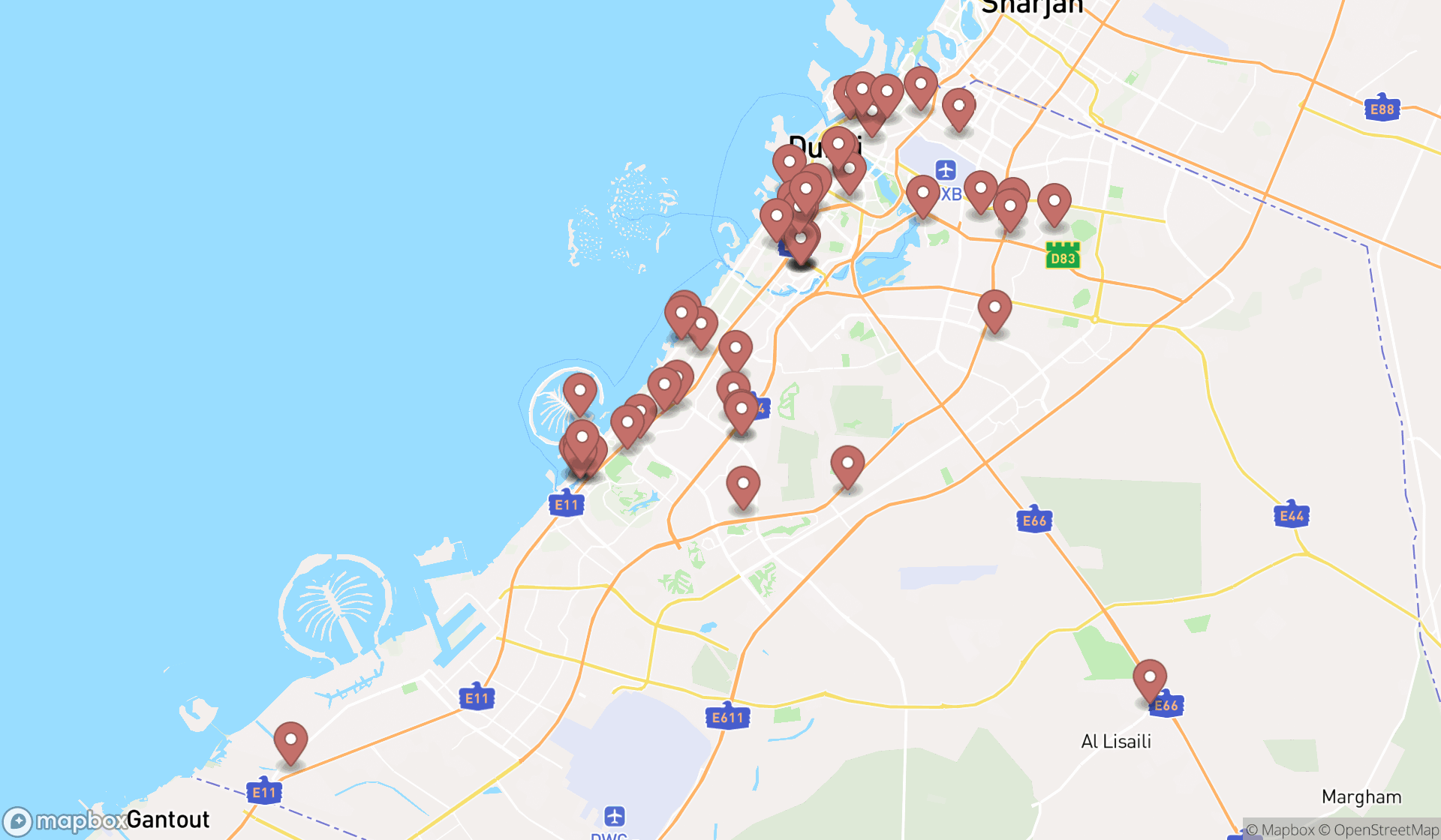 Map showing the search results in Dubai