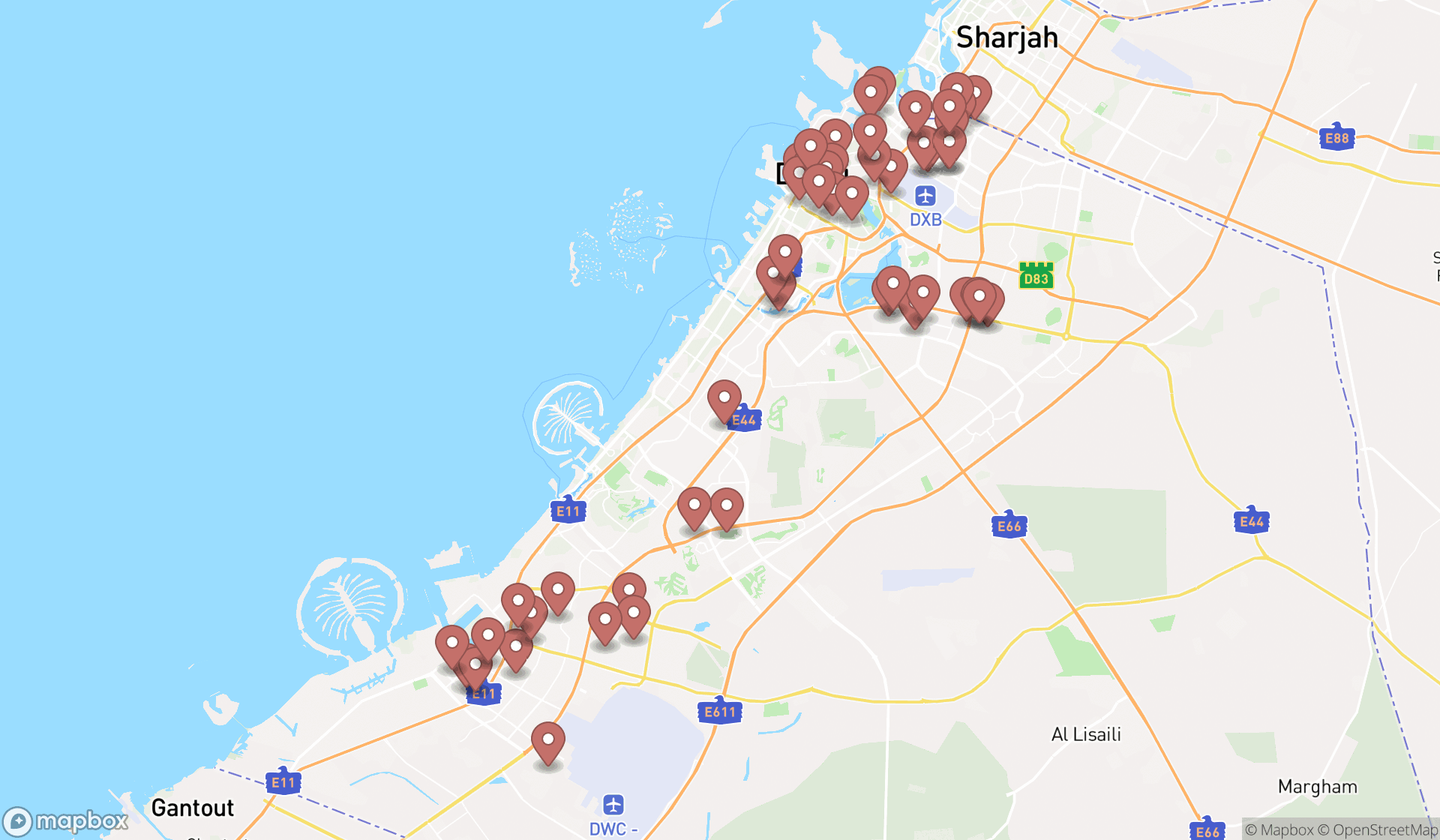 Map showing the search results in Dubai