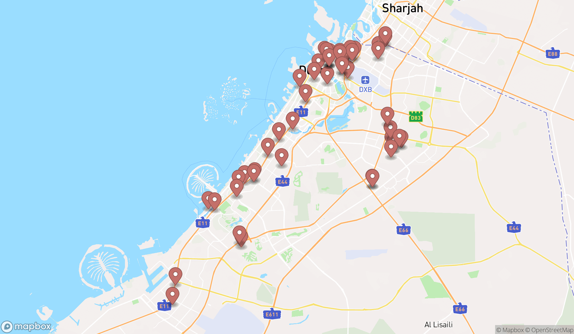 Map showing the search results in Dubai