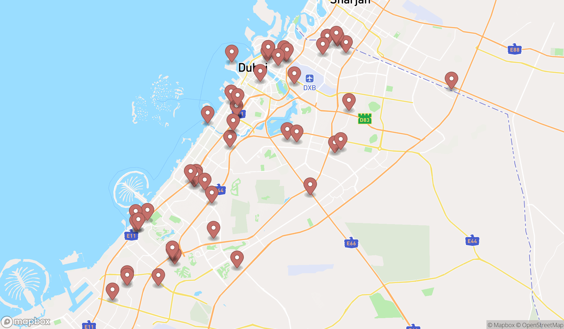 Map showing the search results in Dubai