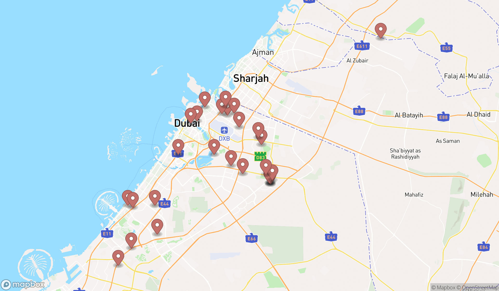 Map showing the search results in Dubai