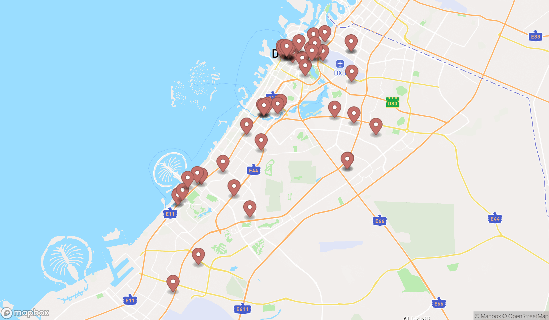 Map showing the search results in Dubai