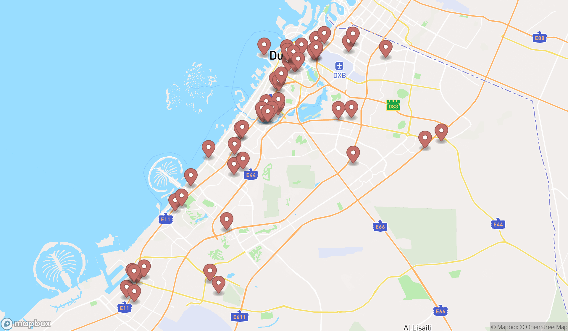 Map showing the search results in Dubai