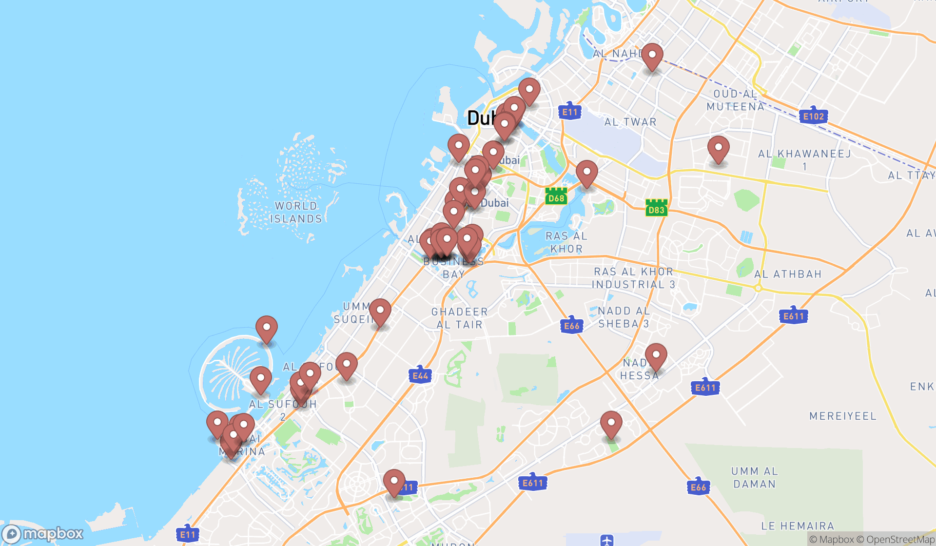 Map showing the search results in Dubai