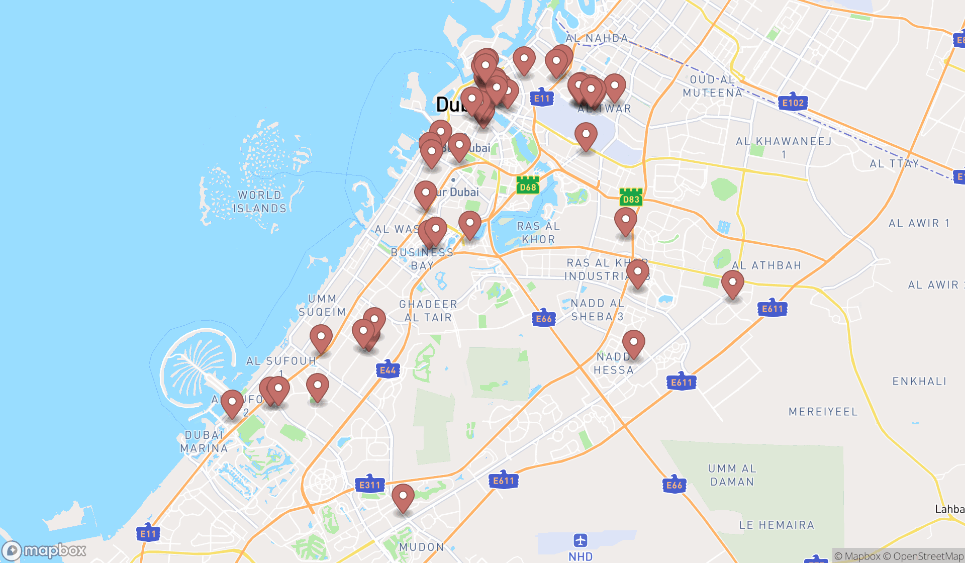 Map showing the search results in Dubai