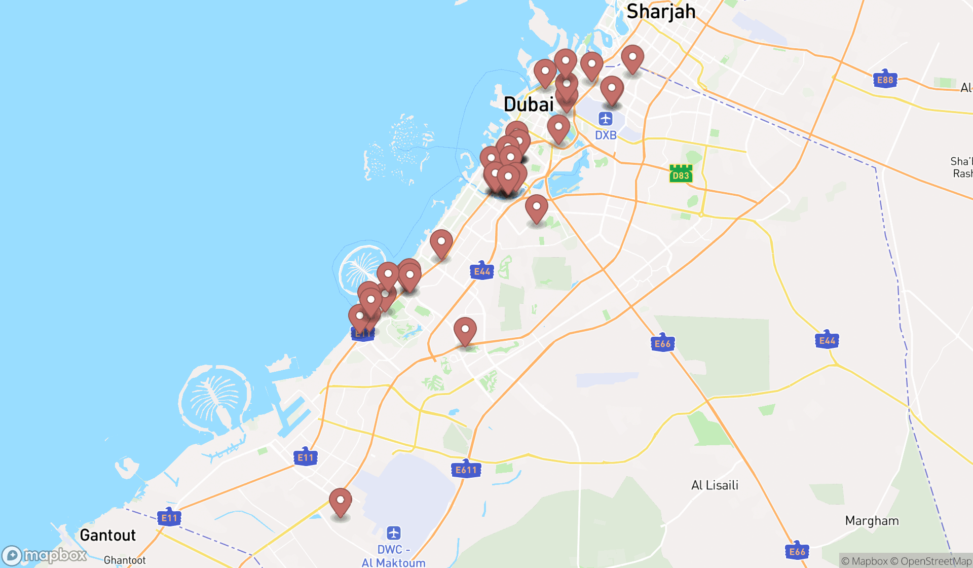 Map showing the search results in Dubai
