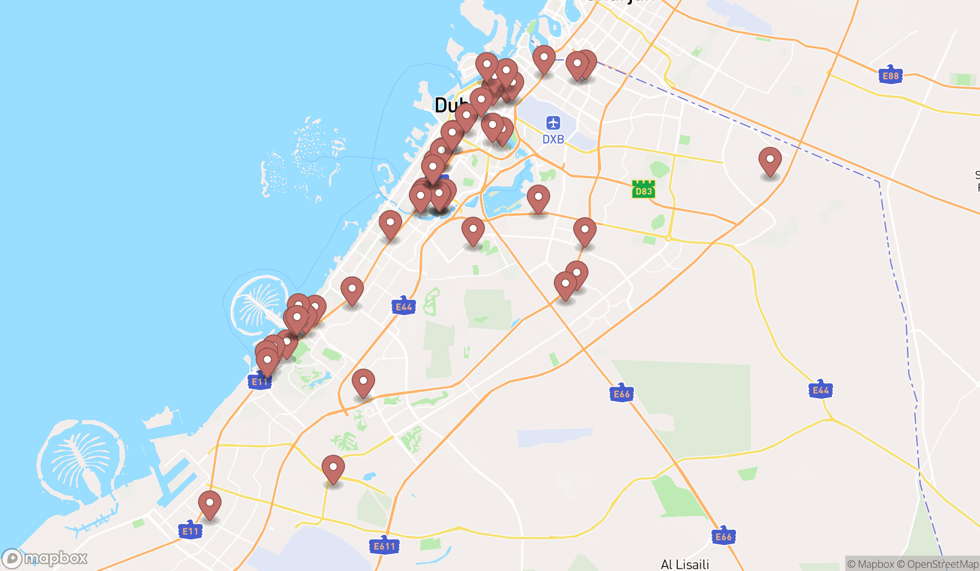 Map showing the search results in Dubai