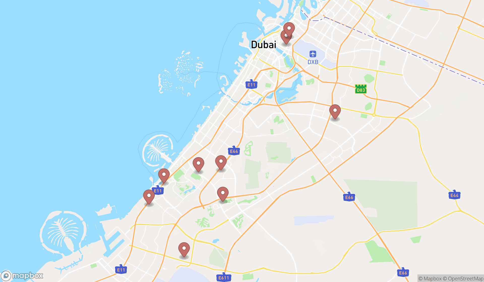 Map showing the search results in Dubai