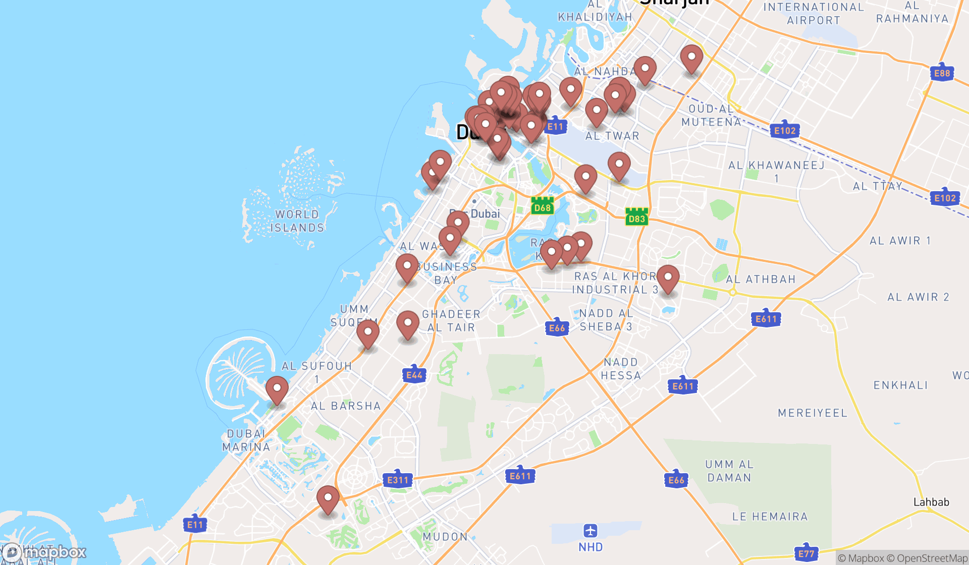 Map showing the search results in Dubai