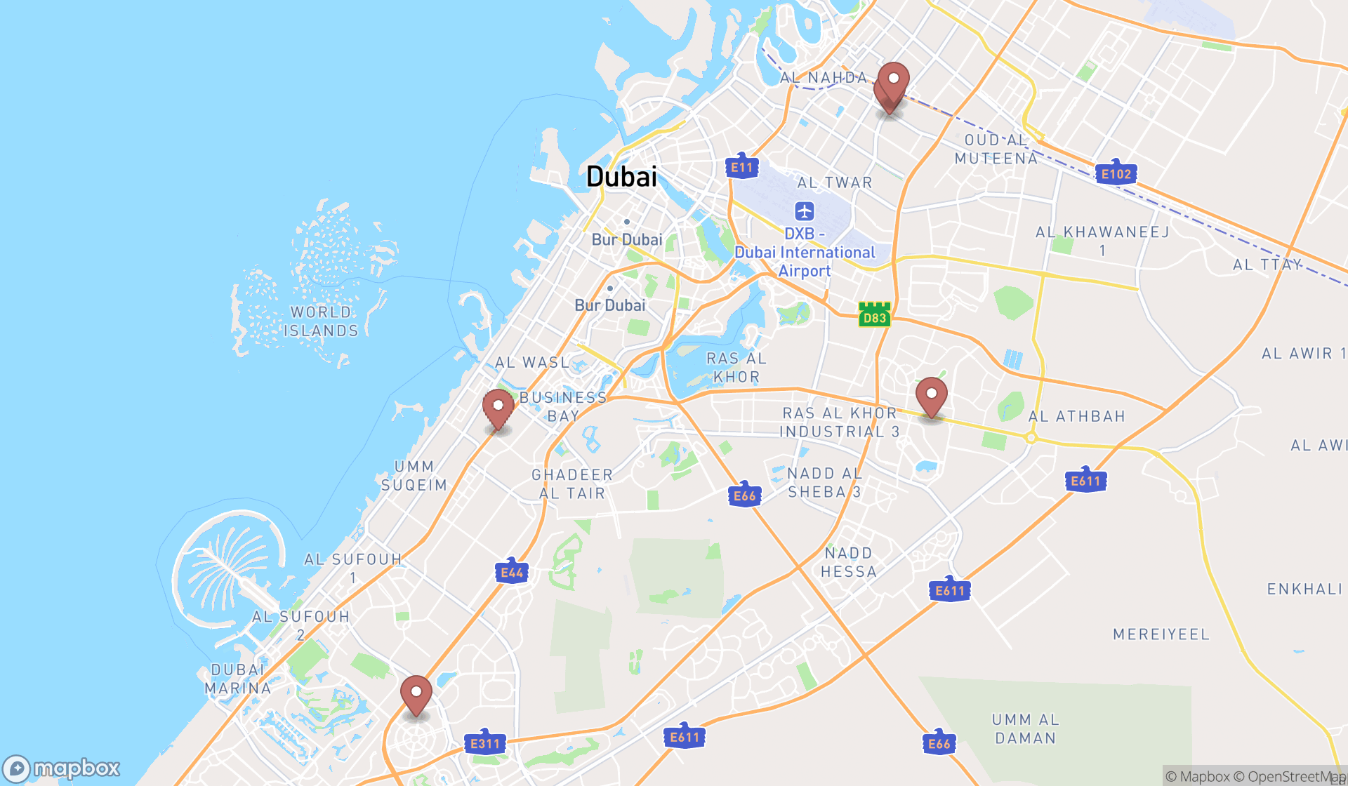 Map showing the search results in Dubai
