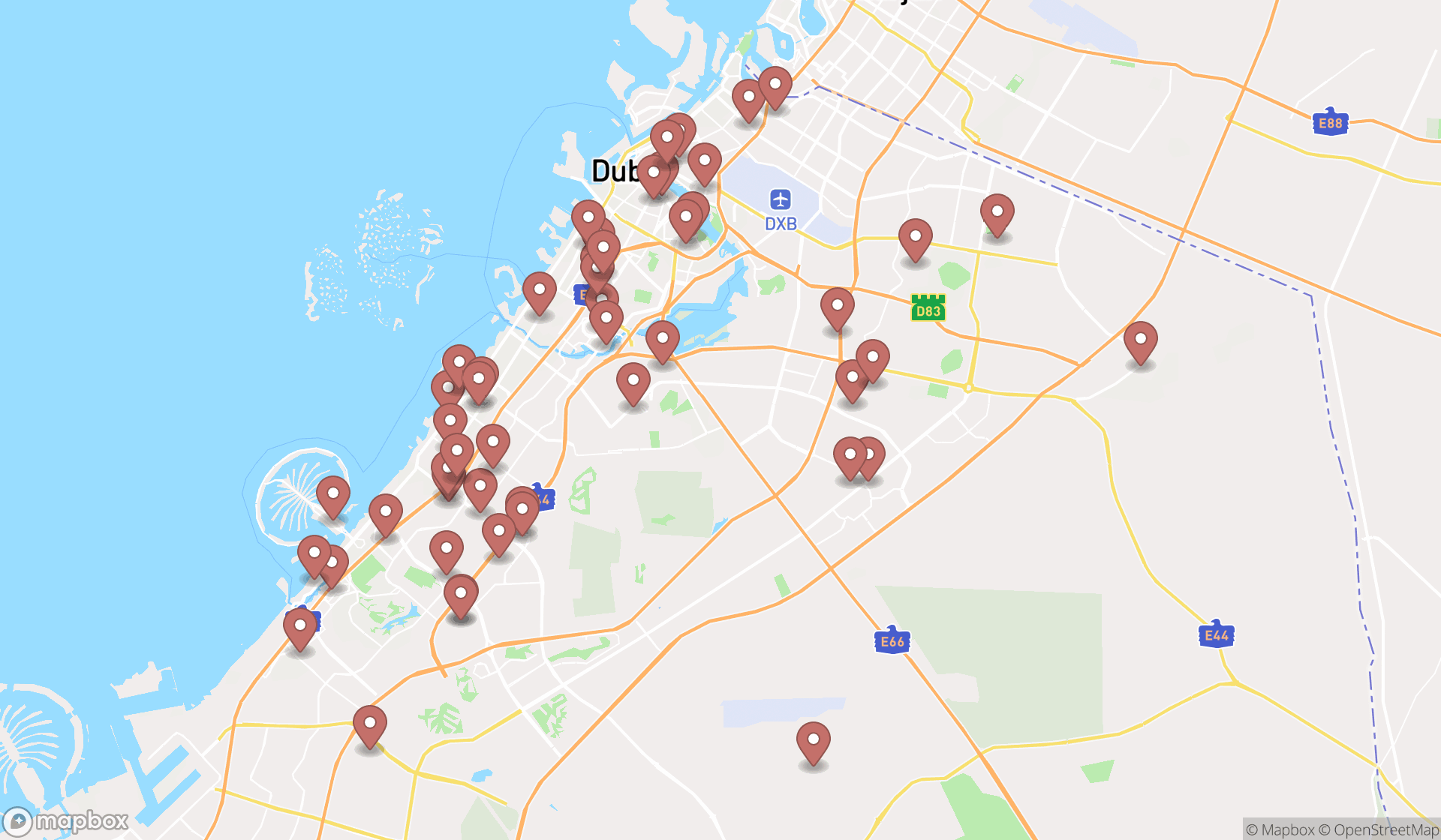 Map showing the search results in Dubai