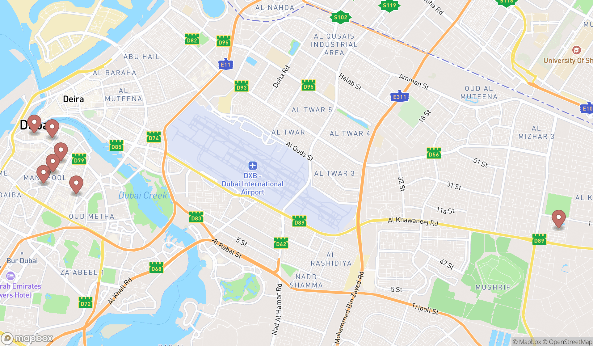 Map showing the search results in Dubai