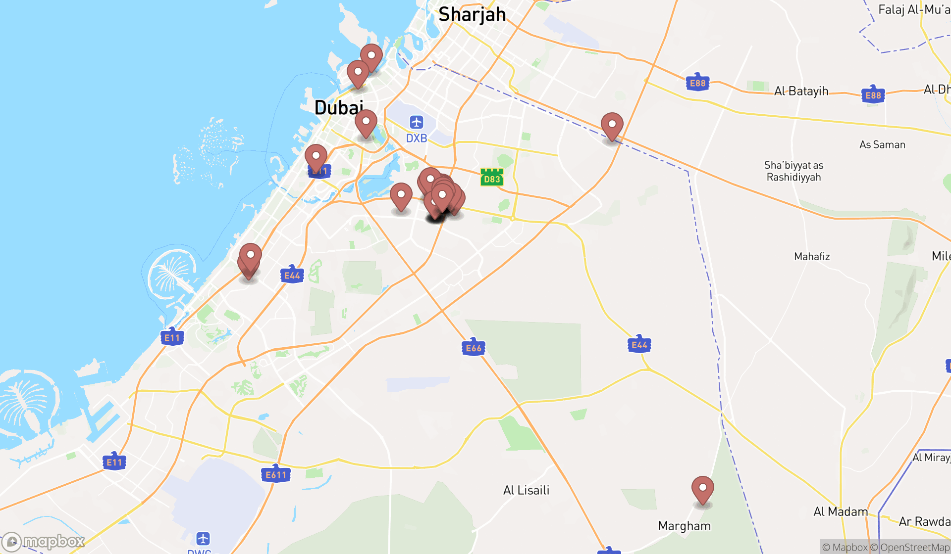 Map showing the search results in Dubai
