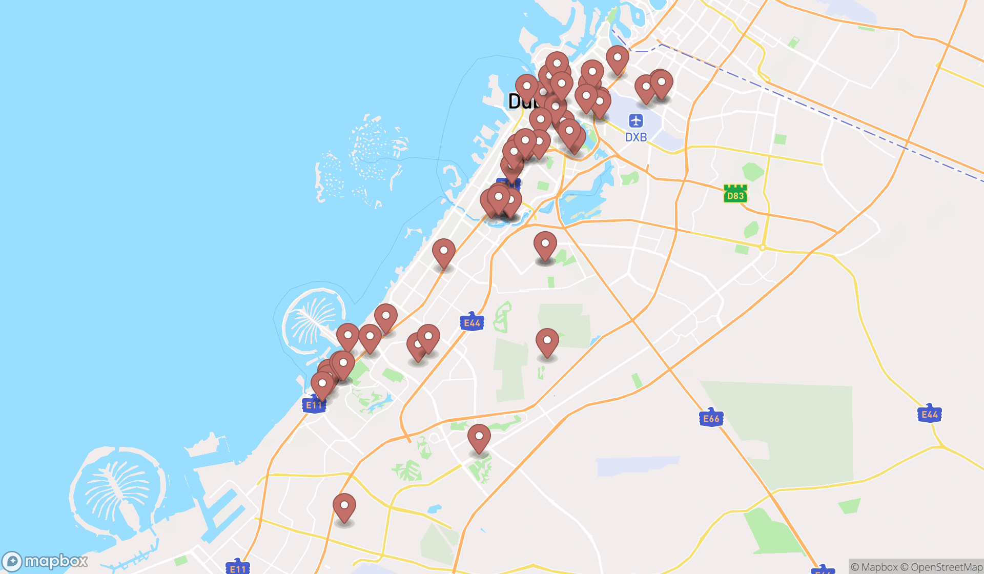 Map showing the search results in Dubai