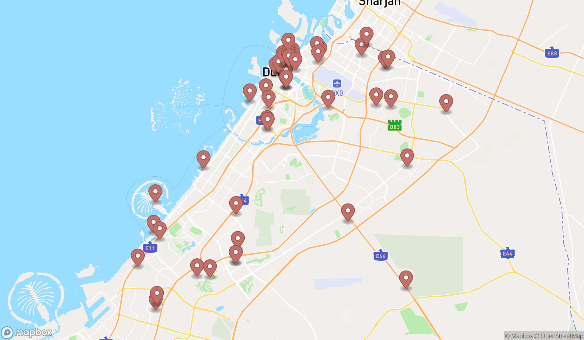 Map showing the search results in Dubai