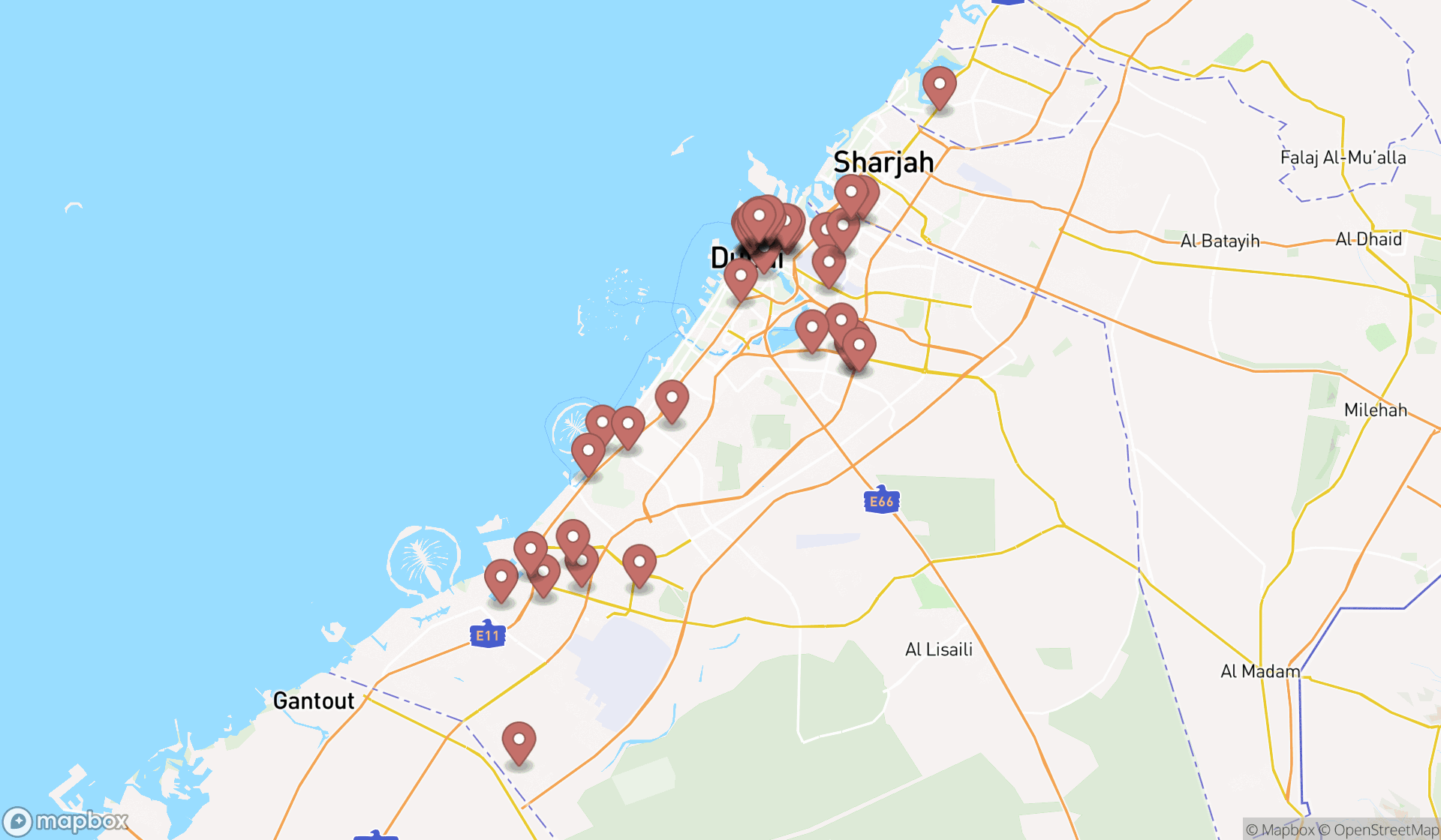 Map showing the search results in Dubai