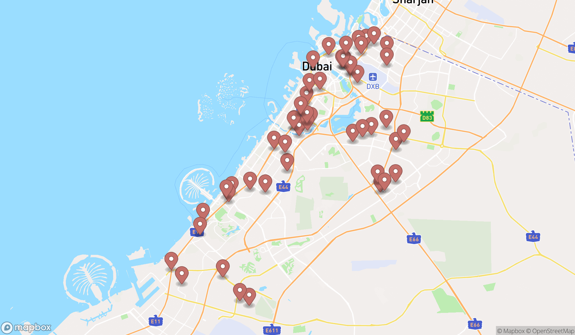 Map showing the search results in Dubai