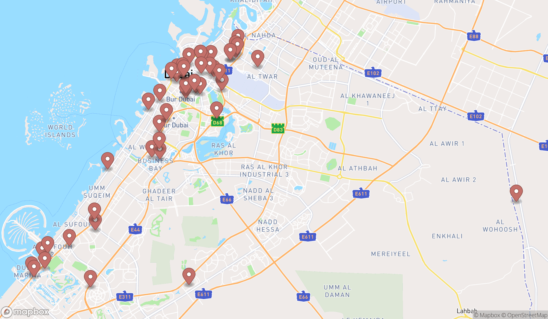 Map showing the search results in Dubai