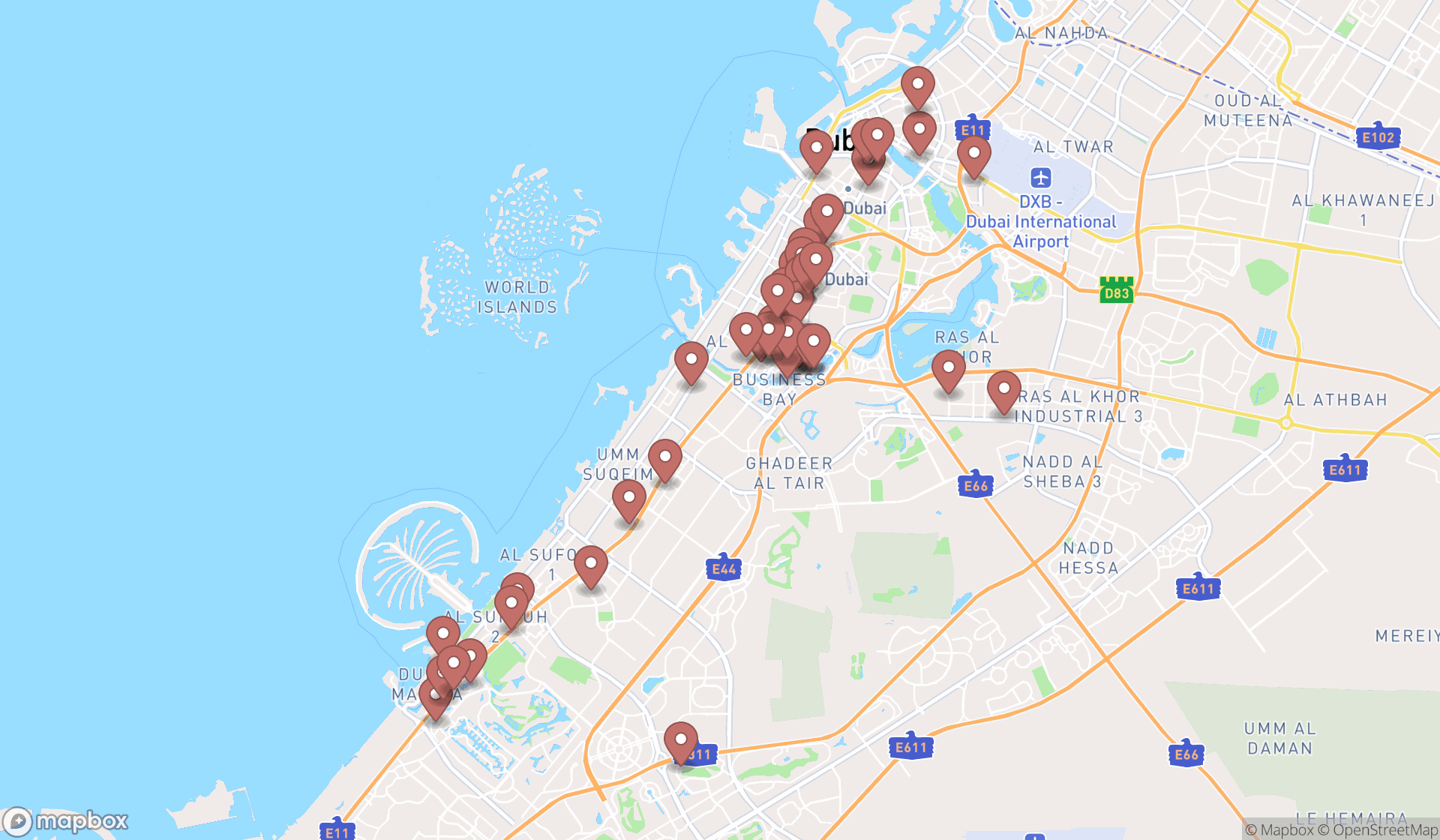 Map showing the search results in Dubai