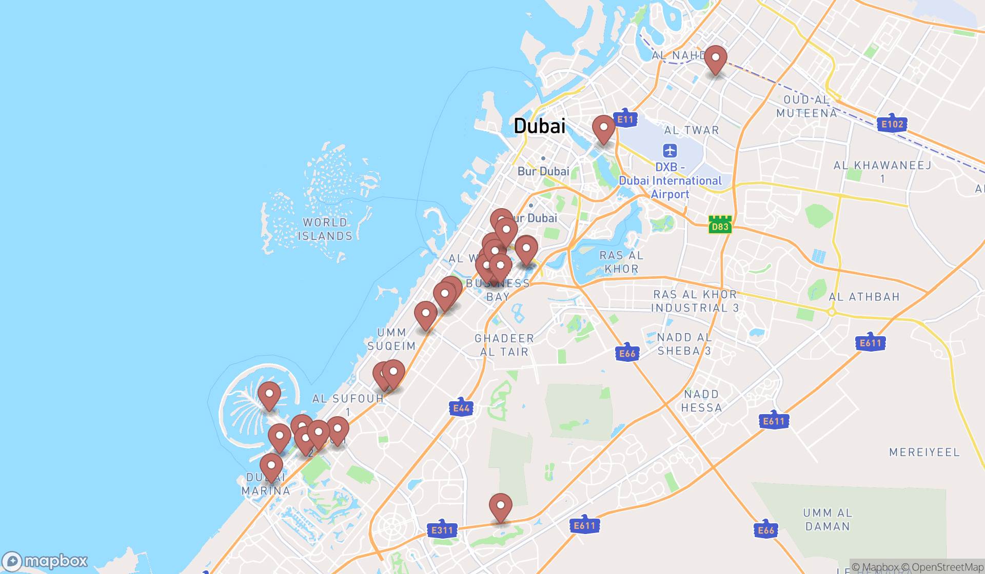 Map showing the search results in Dubai