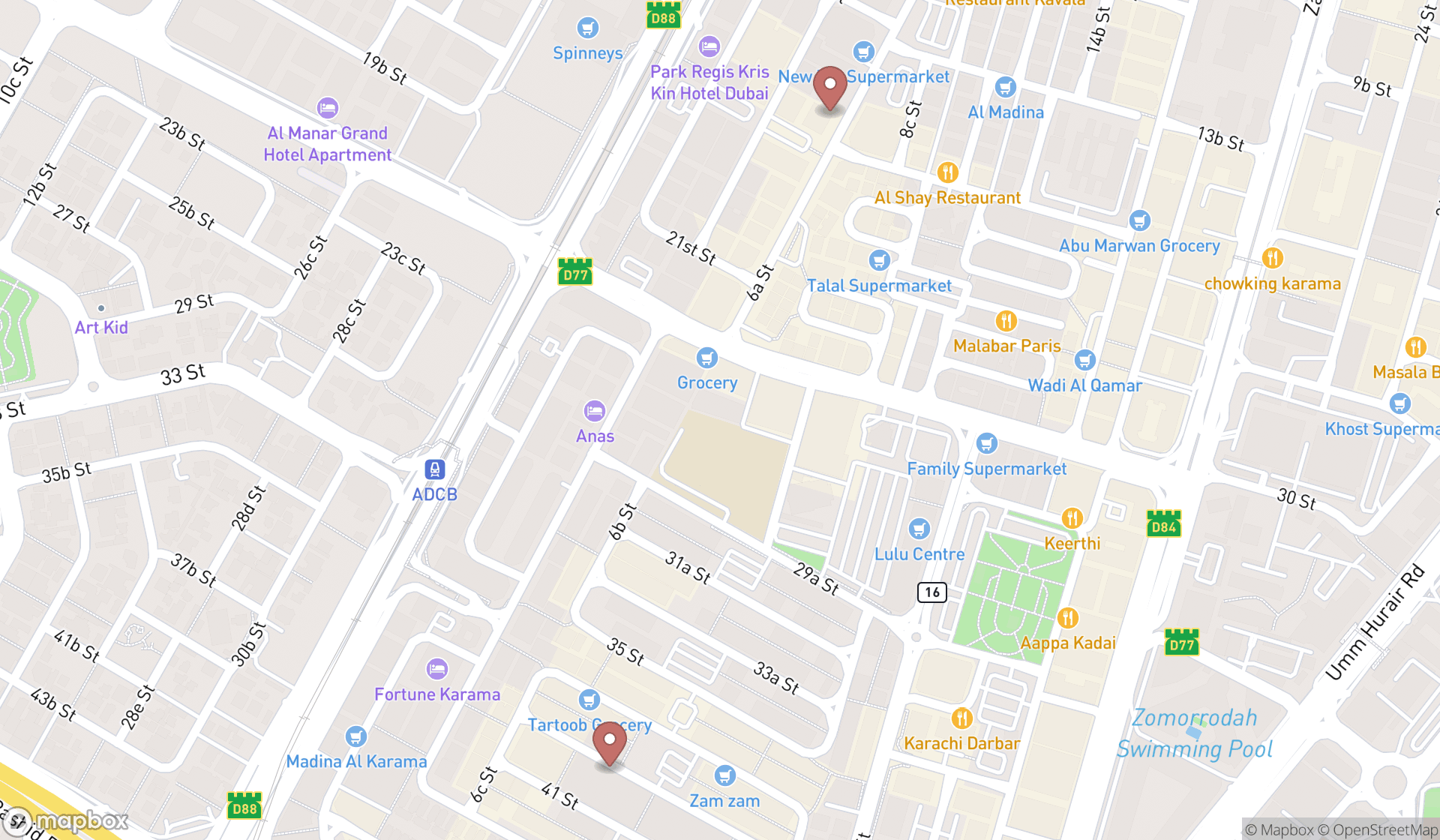 Map showing the search results in Dubai