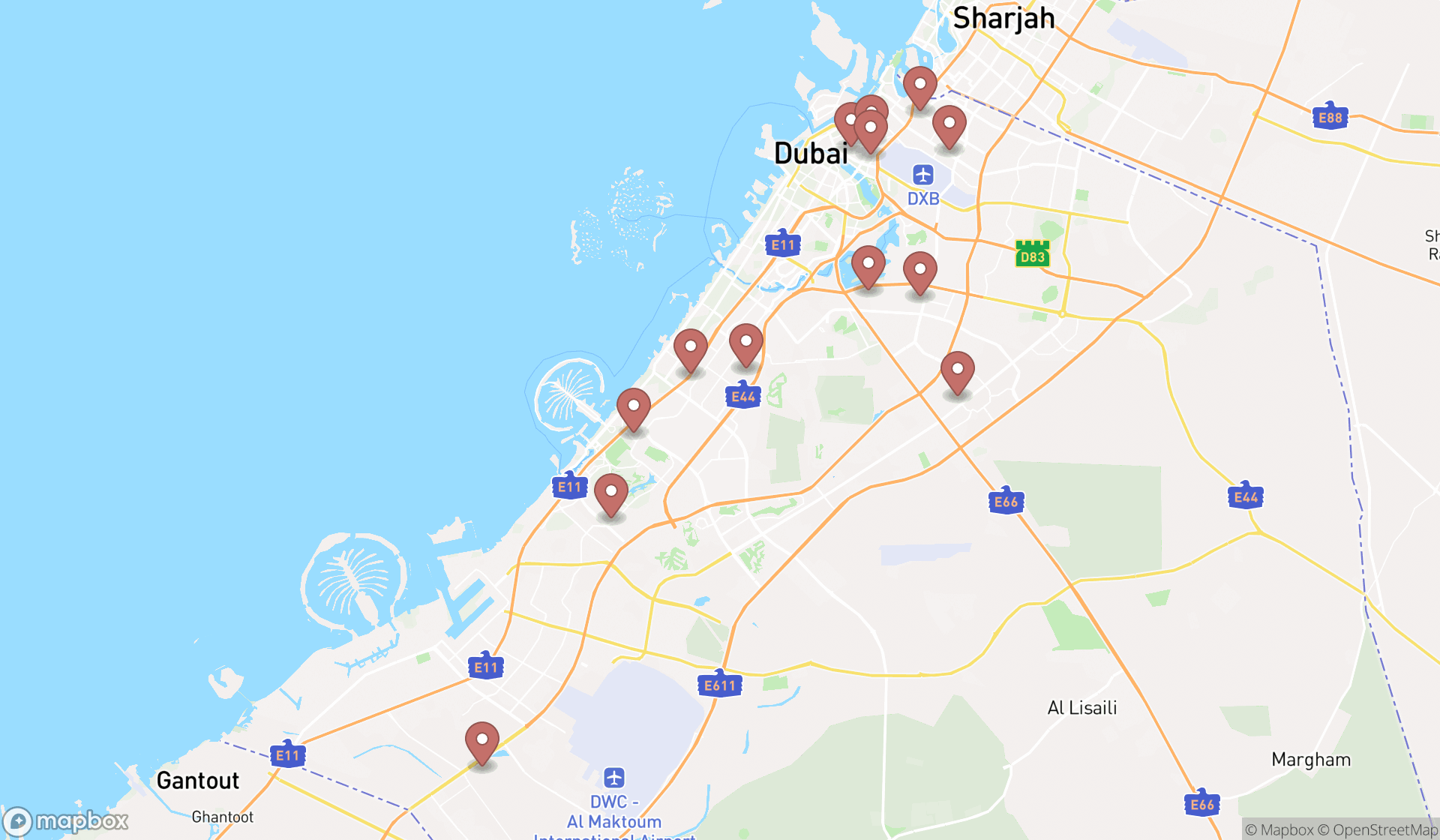 Map showing the search results in Dubai