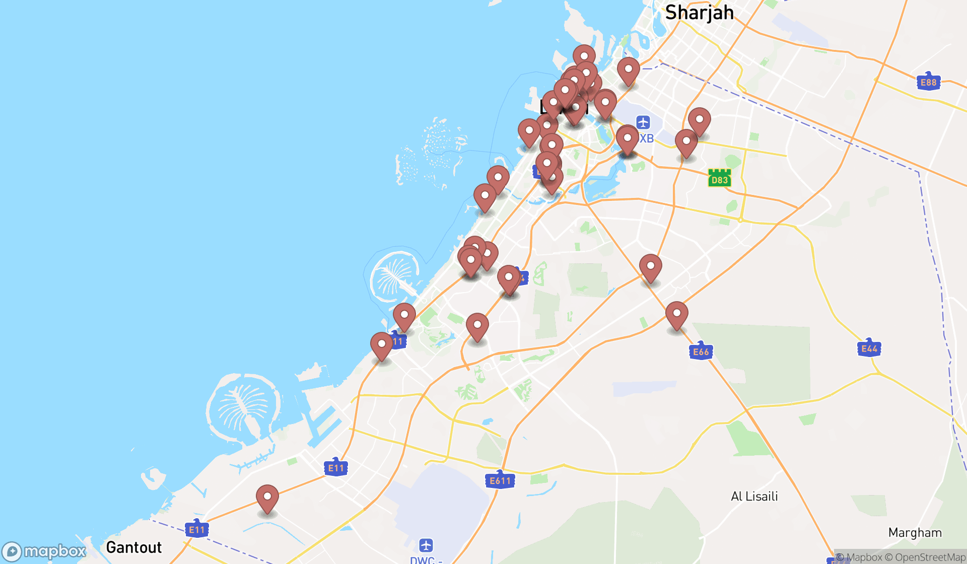 Map showing the search results in Dubai