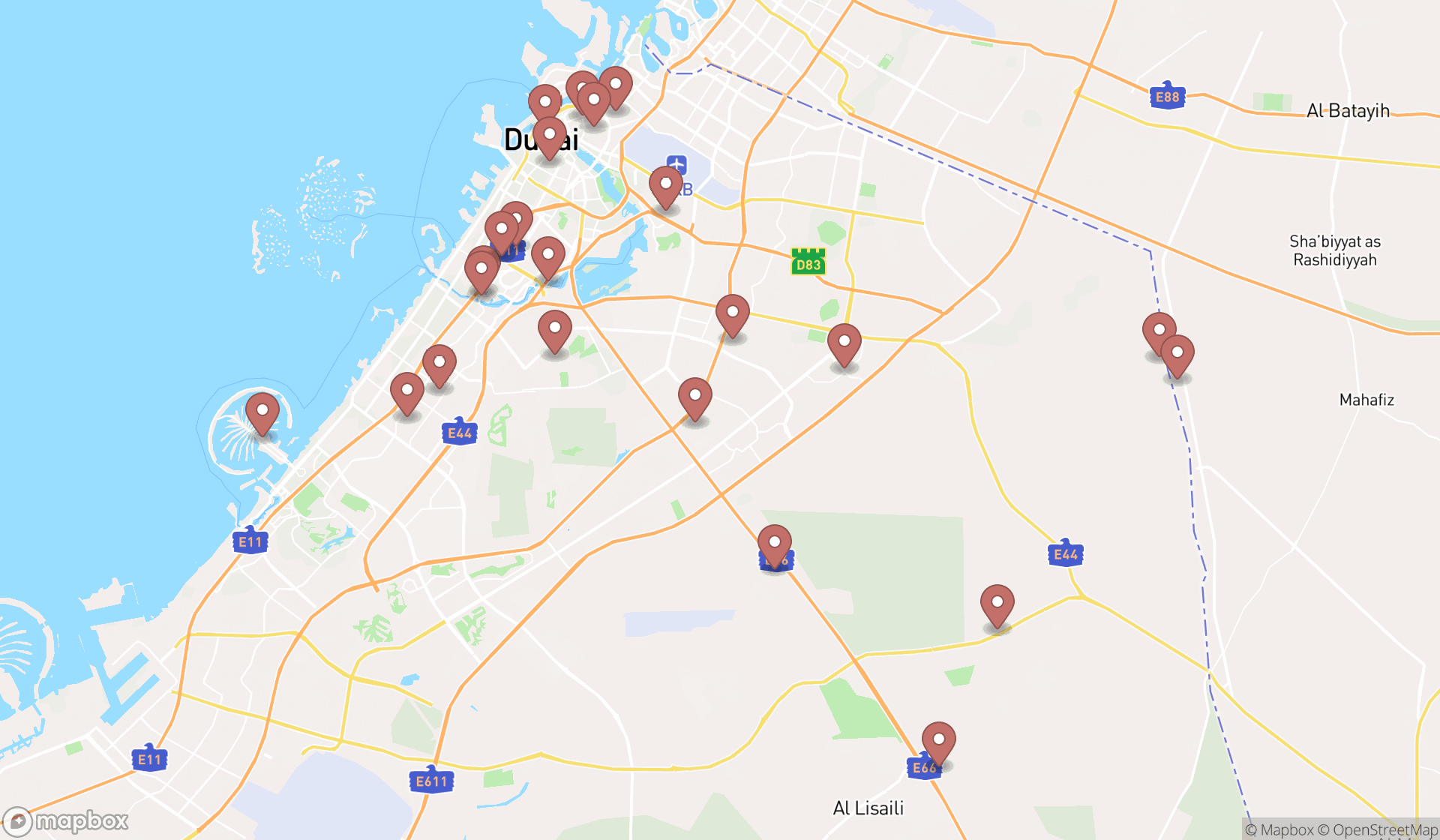 Map showing the search results in Dubai